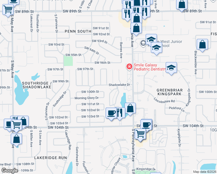 map of restaurants, bars, coffee shops, grocery stores, and more near 2225 Shadowridge Court in Oklahoma City