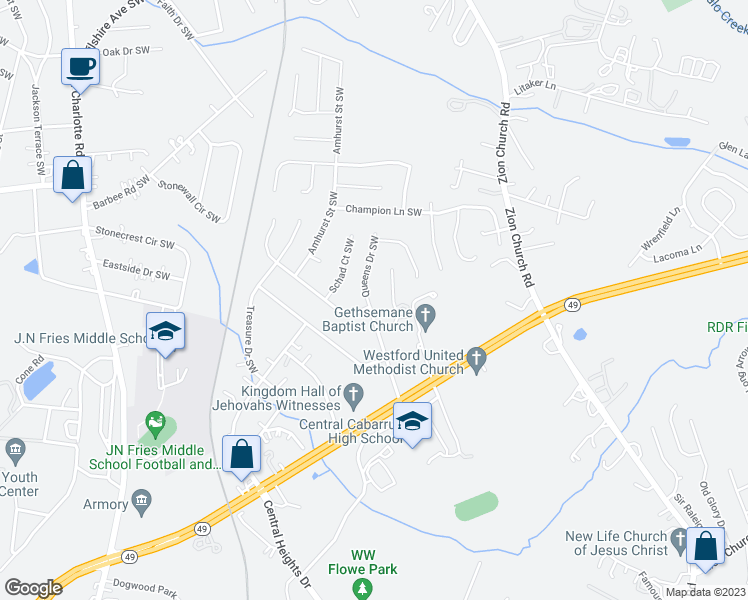 map of restaurants, bars, coffee shops, grocery stores, and more near 358 Queens Drive Southwest in Concord