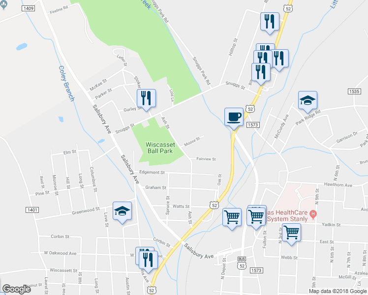 map of restaurants, bars, coffee shops, grocery stores, and more near 1310 Ash Street in Albemarle