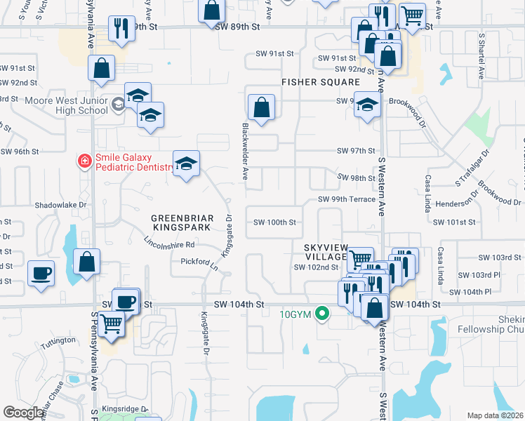 map of restaurants, bars, coffee shops, grocery stores, and more near 1213 Southwest 99th Terrace in Oklahoma City