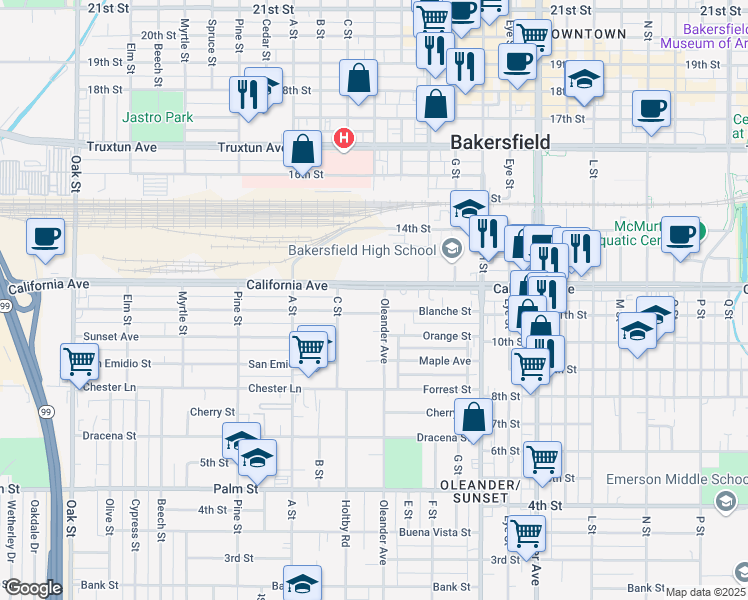 map of restaurants, bars, coffee shops, grocery stores, and more near 2121 California Avenue in Bakersfield