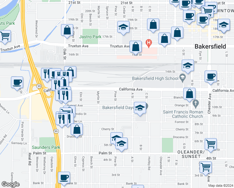 map of restaurants, bars, coffee shops, grocery stores, and more near 2425 California Avenue in Bakersfield