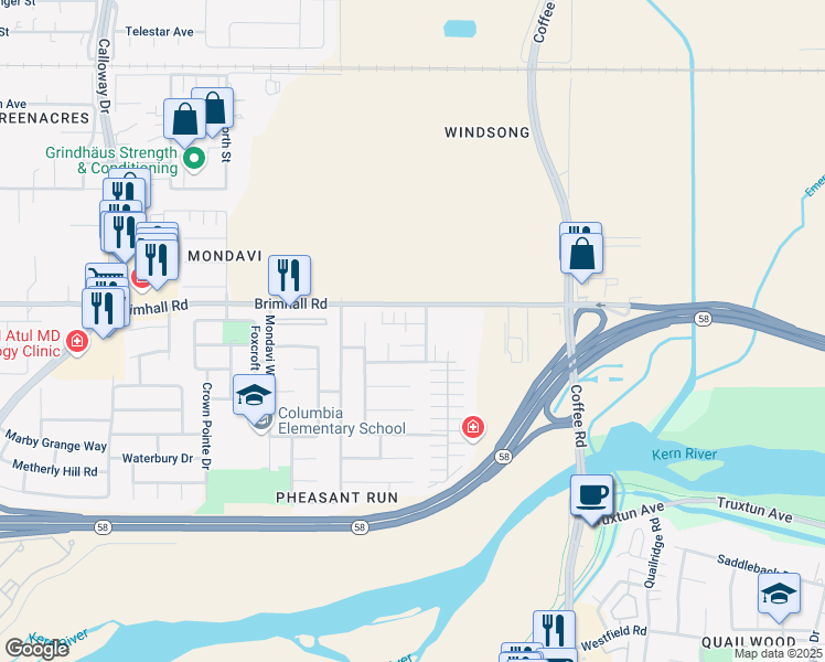 map of restaurants, bars, coffee shops, grocery stores, and more near 8608 Lyn River Court in Bakersfield