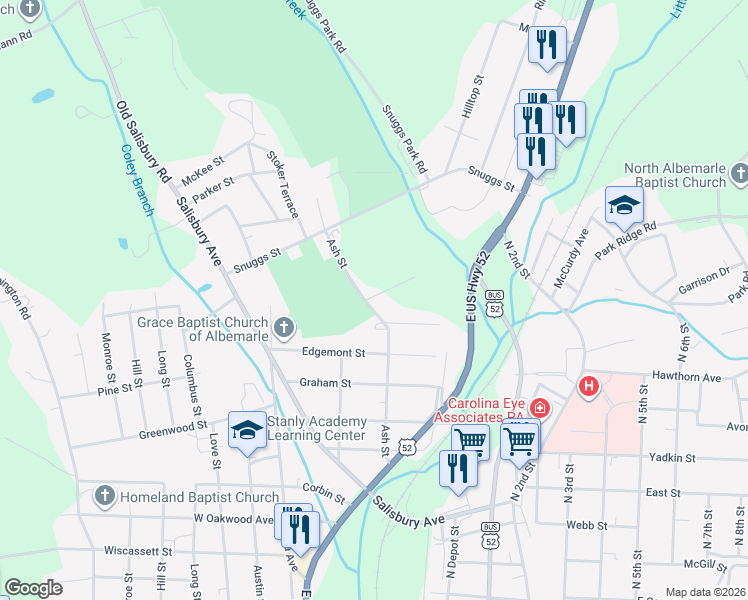 map of restaurants, bars, coffee shops, grocery stores, and more near 408 Moose Street in Albemarle