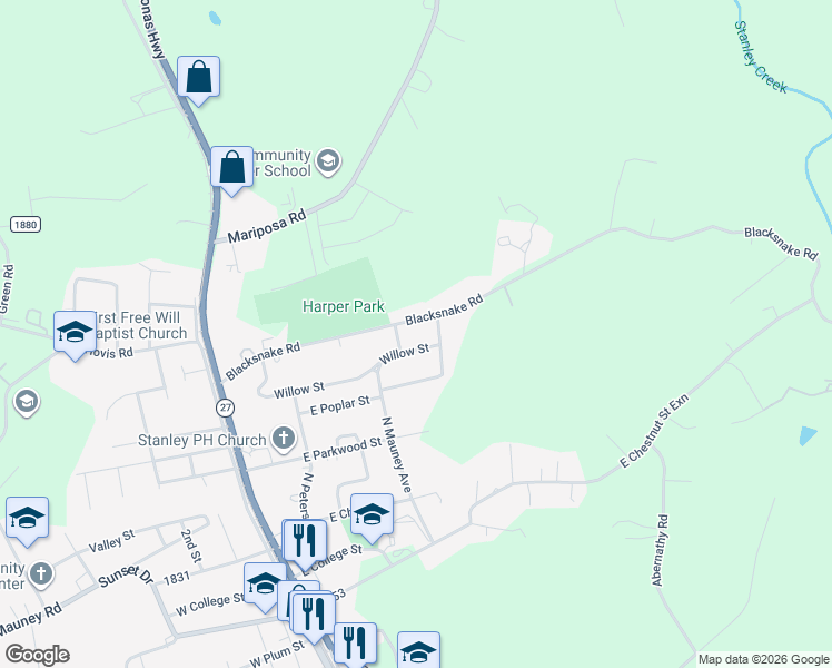 map of restaurants, bars, coffee shops, grocery stores, and more near 406 Blacksnake Road in Stanley