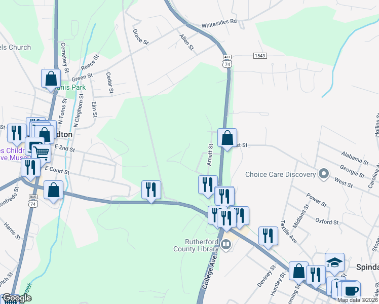 map of restaurants, bars, coffee shops, grocery stores, and more near 545 Charlotte Road in Rutherfordton