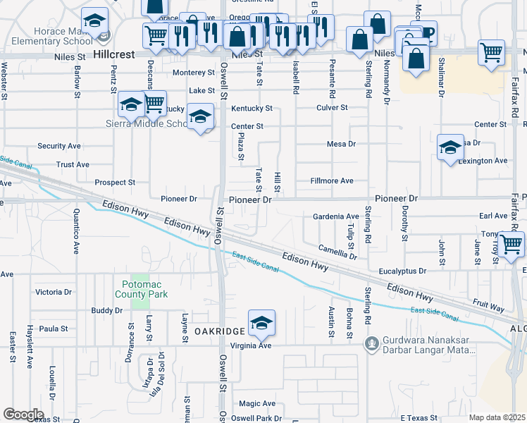 map of restaurants, bars, coffee shops, grocery stores, and more near 3135 Pioneer Drive in Bakersfield