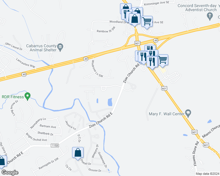 map of restaurants, bars, coffee shops, grocery stores, and more near 354 Morning Dew Drive in Concord