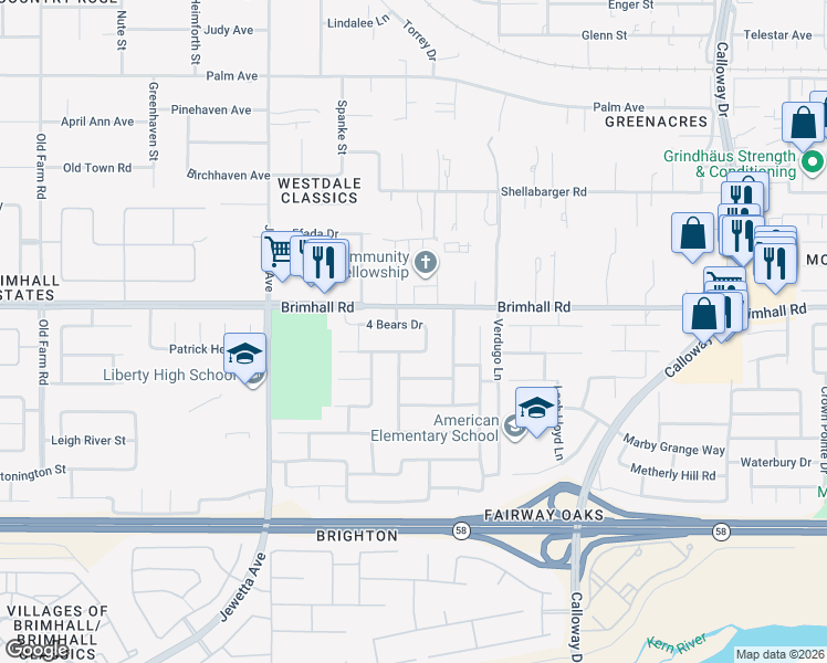 map of restaurants, bars, coffee shops, grocery stores, and more near 10711 4 Bears Drive in Bakersfield
