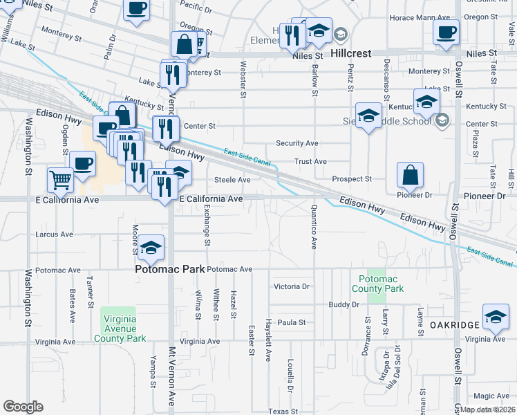 map of restaurants, bars, coffee shops, grocery stores, and more near 2509 East California Avenue in Bakersfield