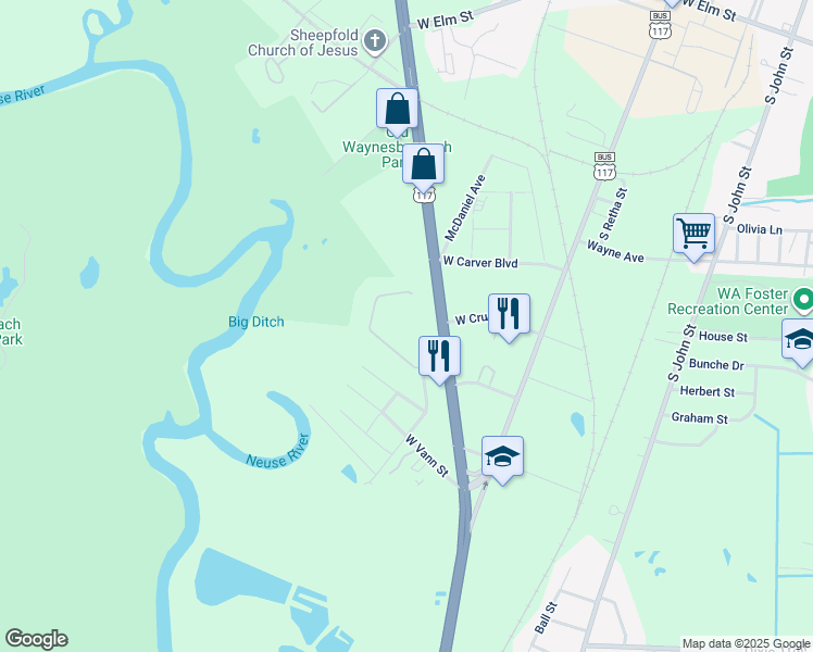 map of restaurants, bars, coffee shops, grocery stores, and more near 1015 Branch Street in Goldsboro