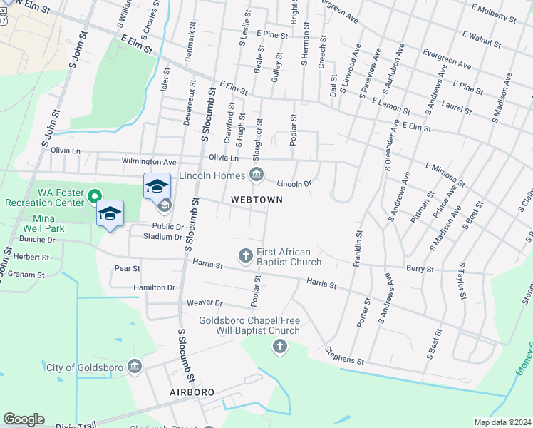 map of restaurants, bars, coffee shops, grocery stores, and more near 908 East Newsome Street in Goldsboro