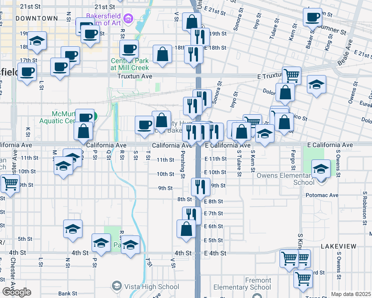 map of restaurants, bars, coffee shops, grocery stores, and more near 1201 Union Avenue in Bakersfield