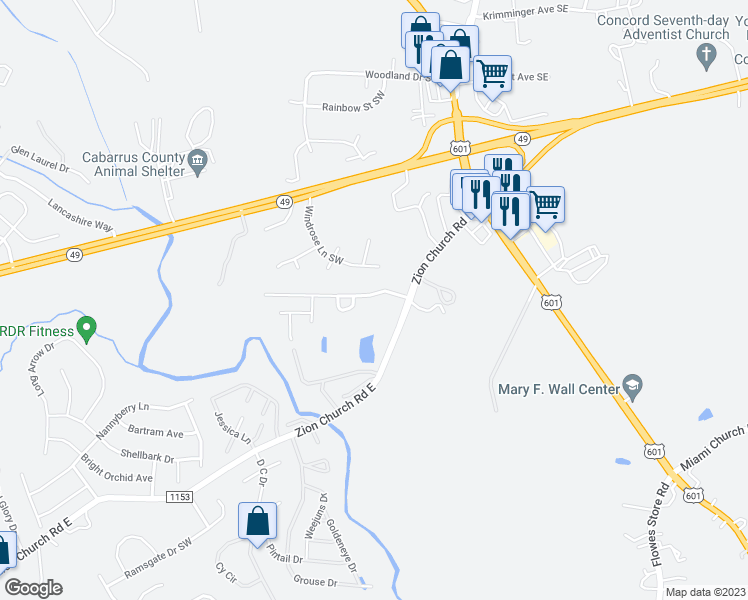 map of restaurants, bars, coffee shops, grocery stores, and more near 362 Morning Dew Drive in Concord