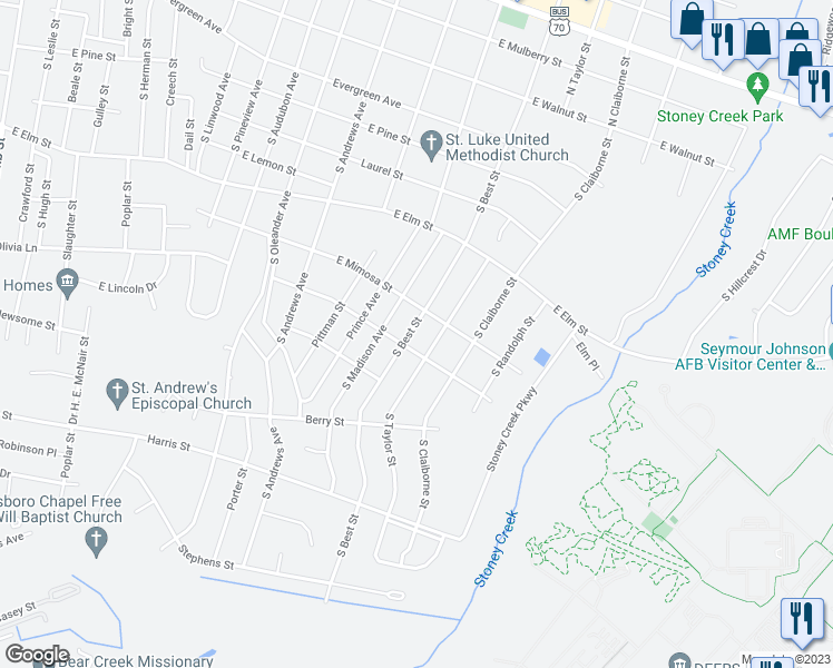 map of restaurants, bars, coffee shops, grocery stores, and more near 704 South Best Street in Goldsboro