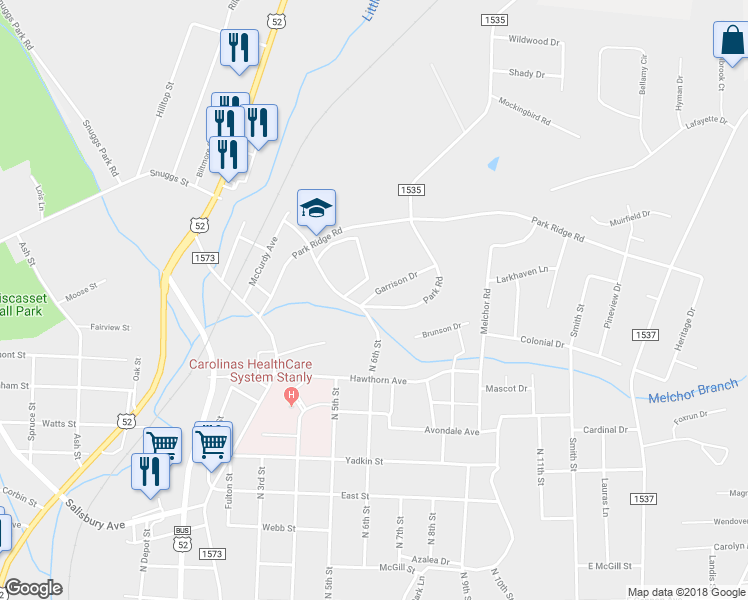map of restaurants, bars, coffee shops, grocery stores, and more near 300 Garrison Drive in Albemarle