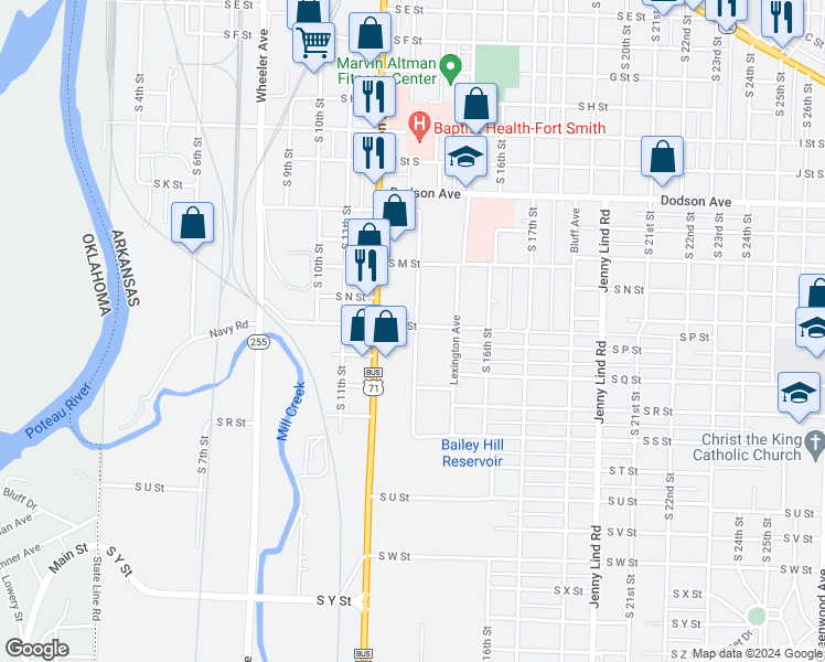 map of restaurants, bars, coffee shops, grocery stores, and more near 1600 South 12th Street in Fort Smith