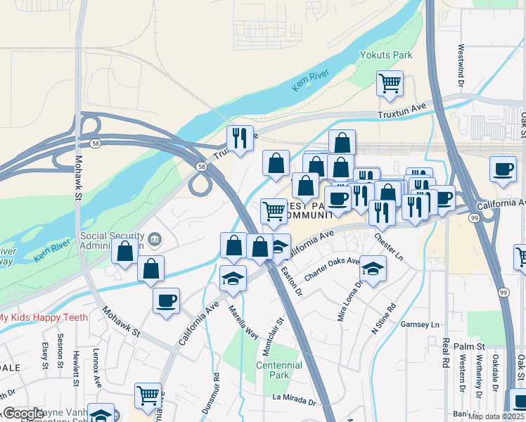 map of restaurants, bars, coffee shops, grocery stores, and more near 4700 Easton Drive in Bakersfield