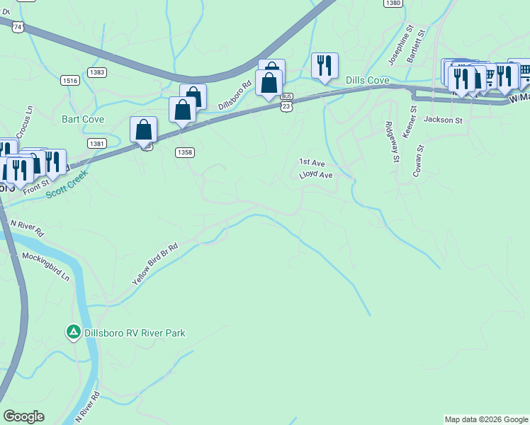 map of restaurants, bars, coffee shops, grocery stores, and more near 16 Crossing Lane in Sylva