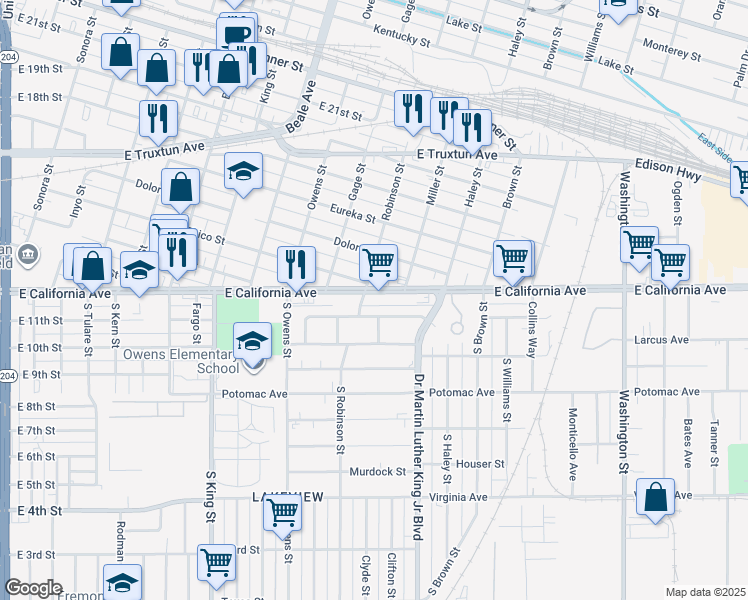 map of restaurants, bars, coffee shops, grocery stores, and more near 1201 East California Avenue in Bakersfield