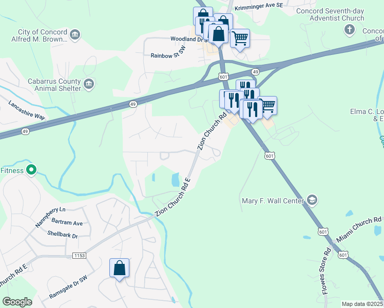 map of restaurants, bars, coffee shops, grocery stores, and more near 394 Morning Dew Drive in Concord