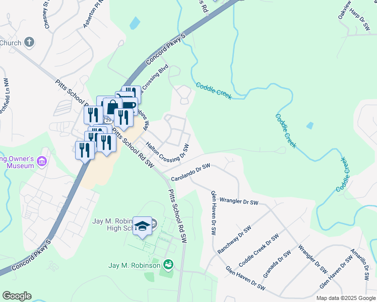 map of restaurants, bars, coffee shops, grocery stores, and more near 334 Halton Crossing Drive Southwest in Concord