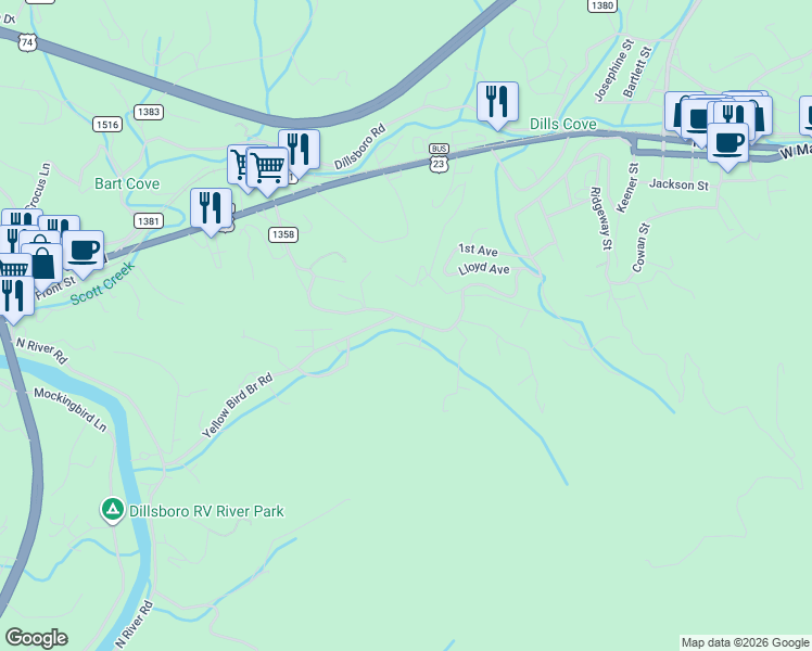map of restaurants, bars, coffee shops, grocery stores, and more near 16 Crossing Lane in Sylva