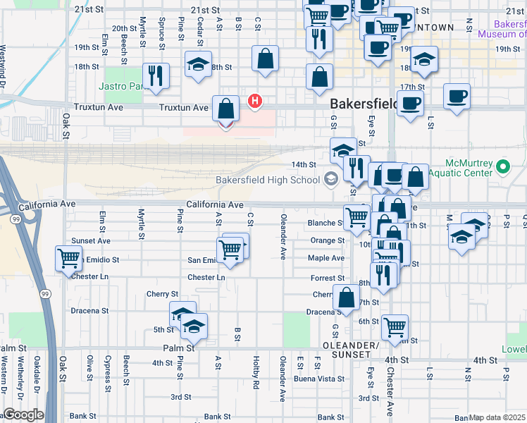 map of restaurants, bars, coffee shops, grocery stores, and more near 2121 California Avenue in Bakersfield