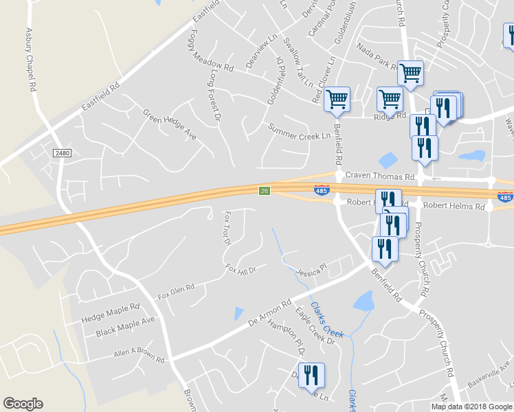map of restaurants, bars, coffee shops, grocery stores, and more near 11310 Glenstone Court in Charlotte