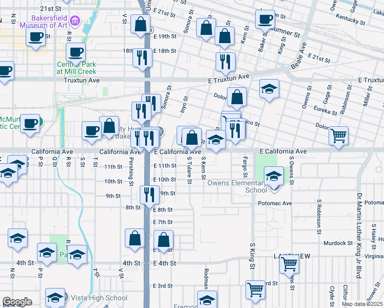 map of restaurants, bars, coffee shops, grocery stores, and more near 430 East California Avenue in Bakersfield