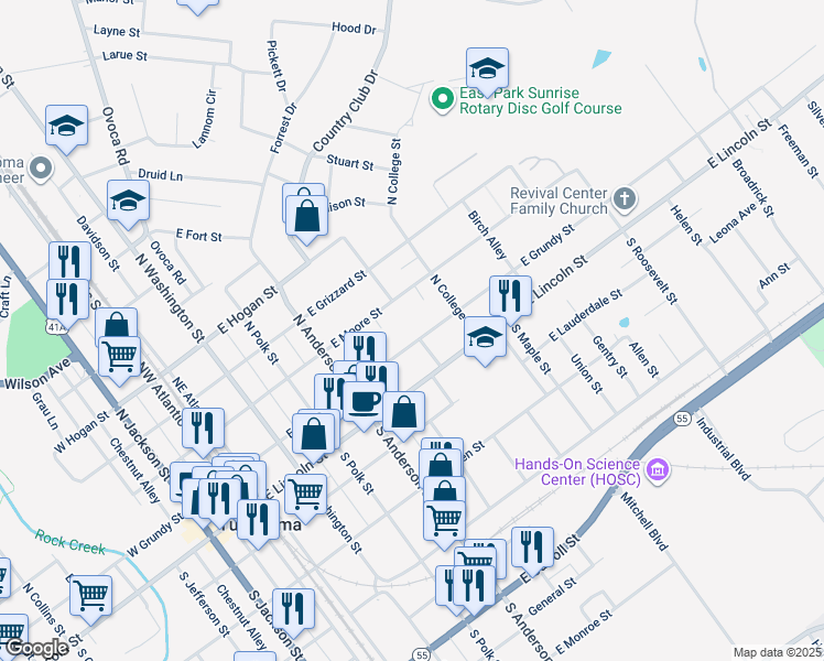 map of restaurants, bars, coffee shops, grocery stores, and more near 601 East Grundy Street in Tullahoma