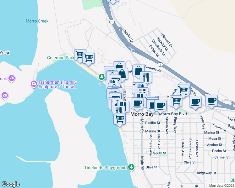 map of restaurants, bars, coffee shops, grocery stores, and more near 209 Dunes Street in Morro Bay