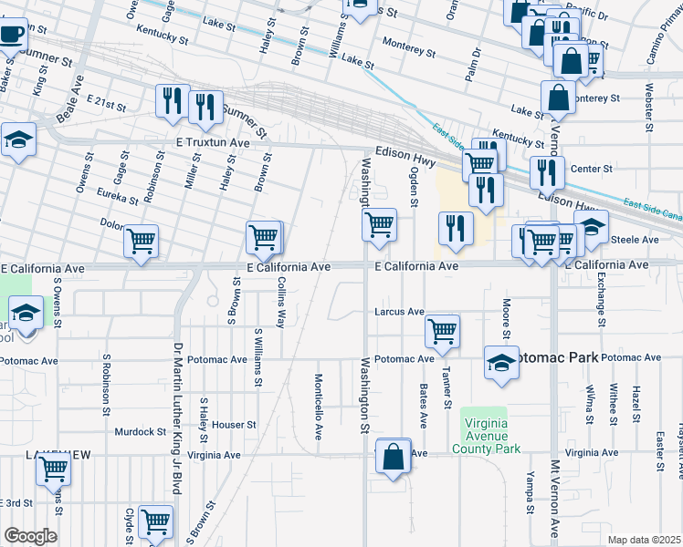 map of restaurants, bars, coffee shops, grocery stores, and more near in Bakersfield