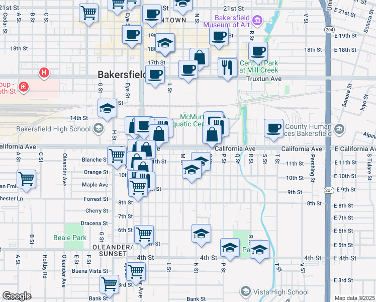 map of restaurants, bars, coffee shops, grocery stores, and more near 1119 California Avenue in Bakersfield