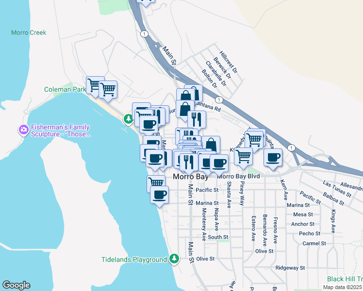 map of restaurants, bars, coffee shops, grocery stores, and more near 1095 Main Street in Morro Bay