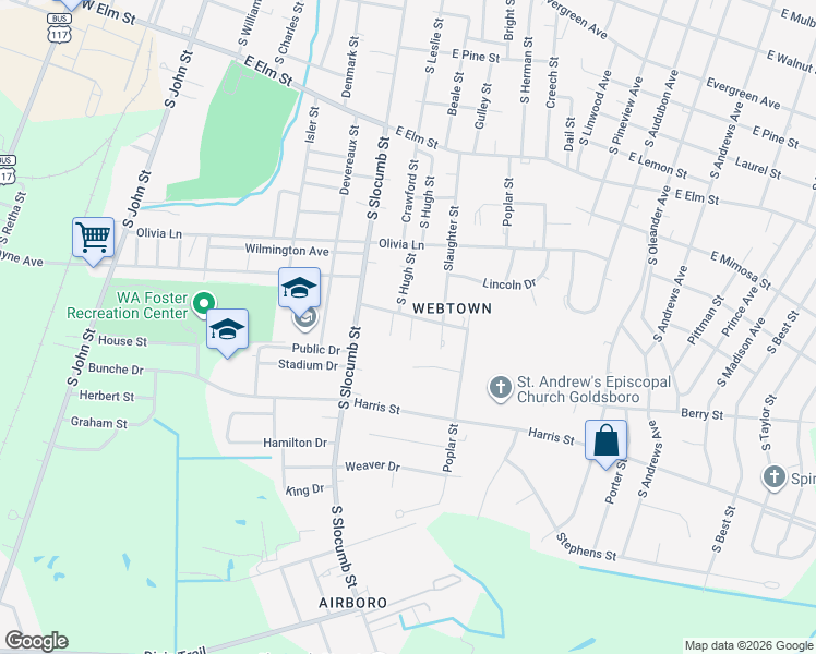 map of restaurants, bars, coffee shops, grocery stores, and more near 700-798 East Newsome Street in Goldsboro
