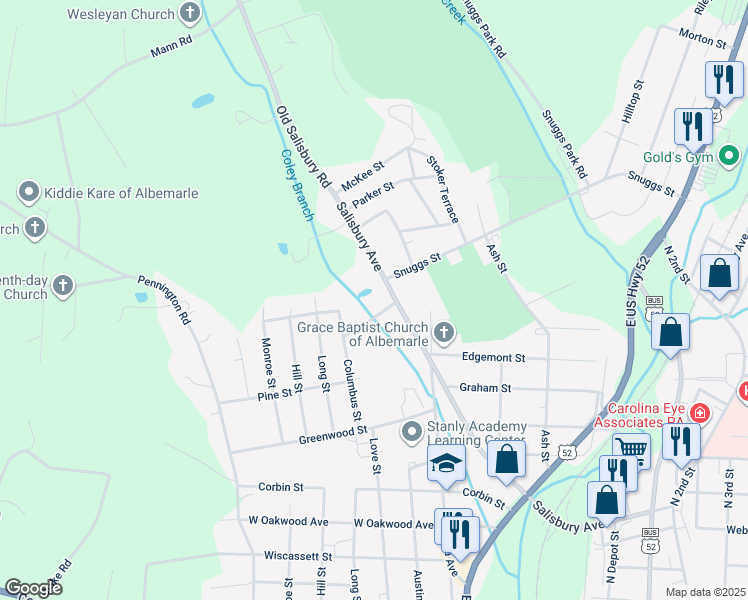 map of restaurants, bars, coffee shops, grocery stores, and more near 1311 Salisbury Avenue in Albemarle