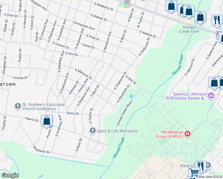 map of restaurants, bars, coffee shops, grocery stores, and more near 615 South Claiborne Street in Goldsboro