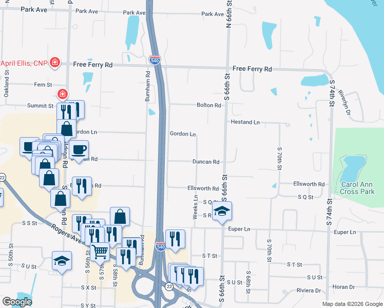 map of restaurants, bars, coffee shops, grocery stores, and more near 6221 Duncan Road in Fort Smith