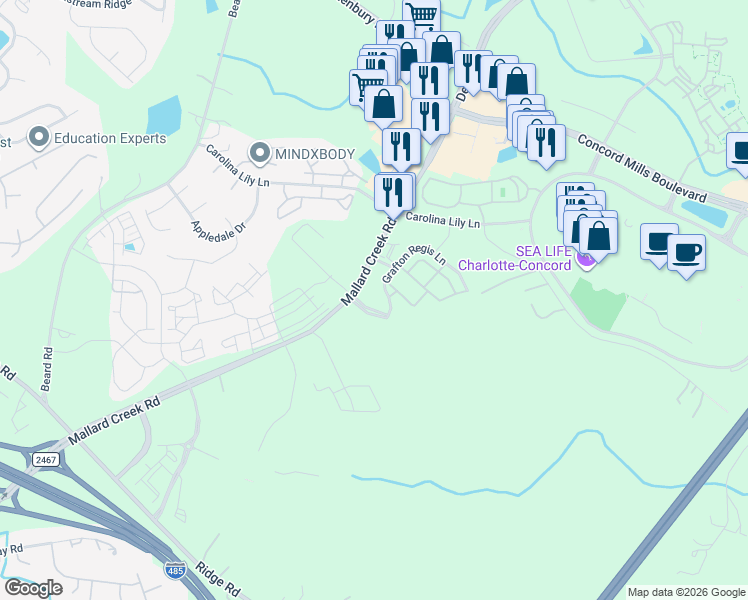 map of restaurants, bars, coffee shops, grocery stores, and more near 3002 Odell School Road in Charlotte