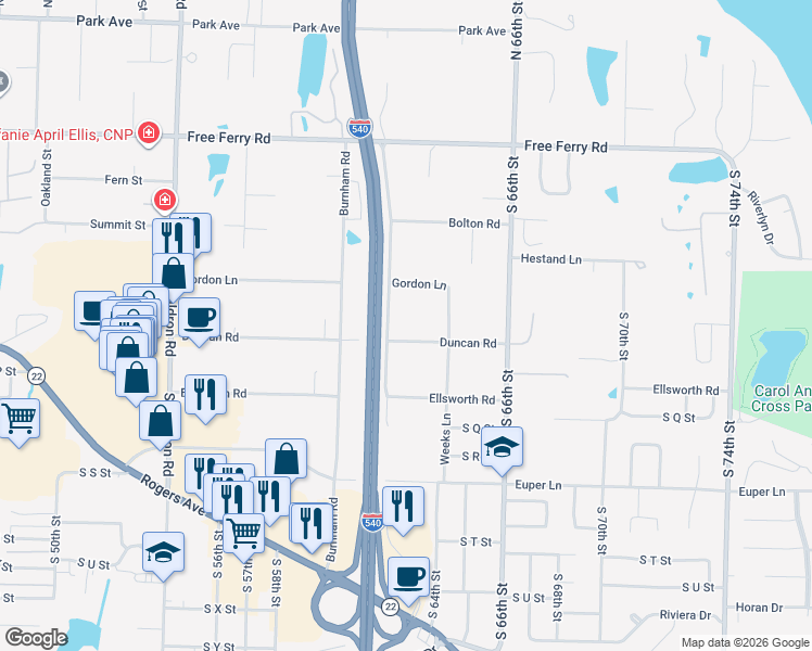 map of restaurants, bars, coffee shops, grocery stores, and more near 6209 Duncan Road in Fort Smith
