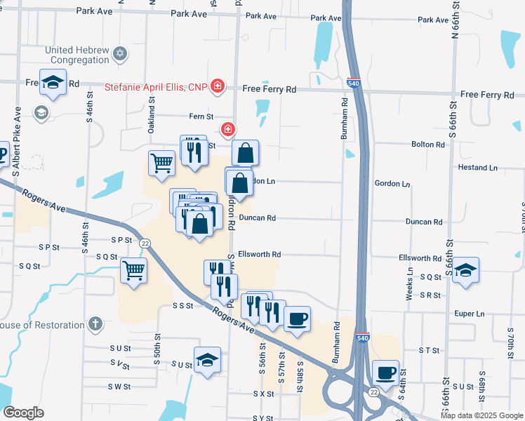 map of restaurants, bars, coffee shops, grocery stores, and more near 5501 Duncan Road in Fort Smith