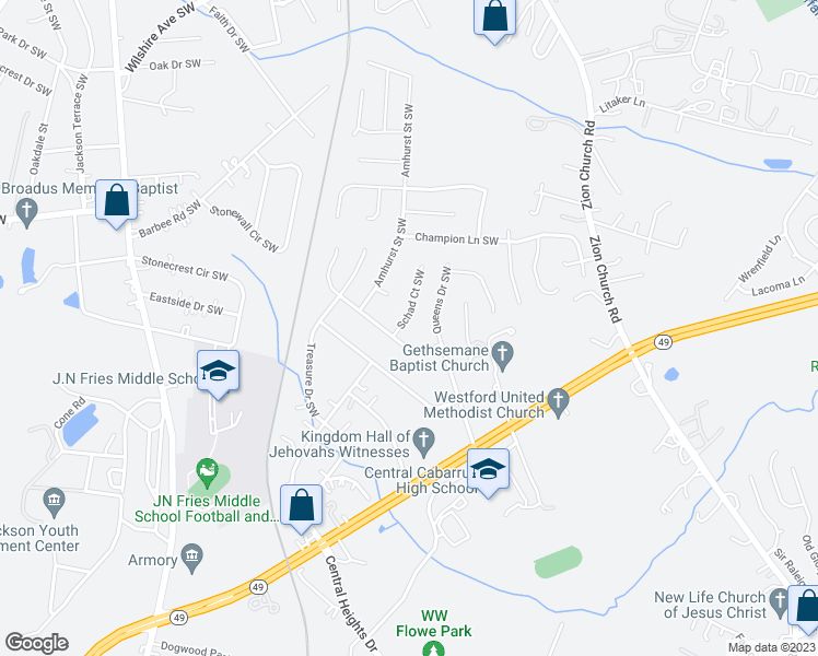 map of restaurants, bars, coffee shops, grocery stores, and more near 362 Schad Court Southwest in Concord
