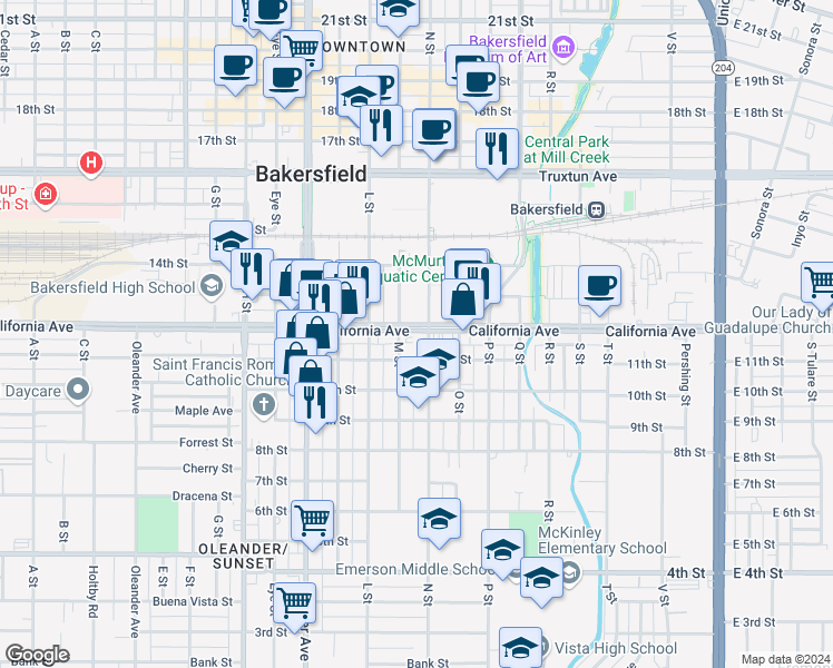 map of restaurants, bars, coffee shops, grocery stores, and more near 1119 California Avenue in Bakersfield