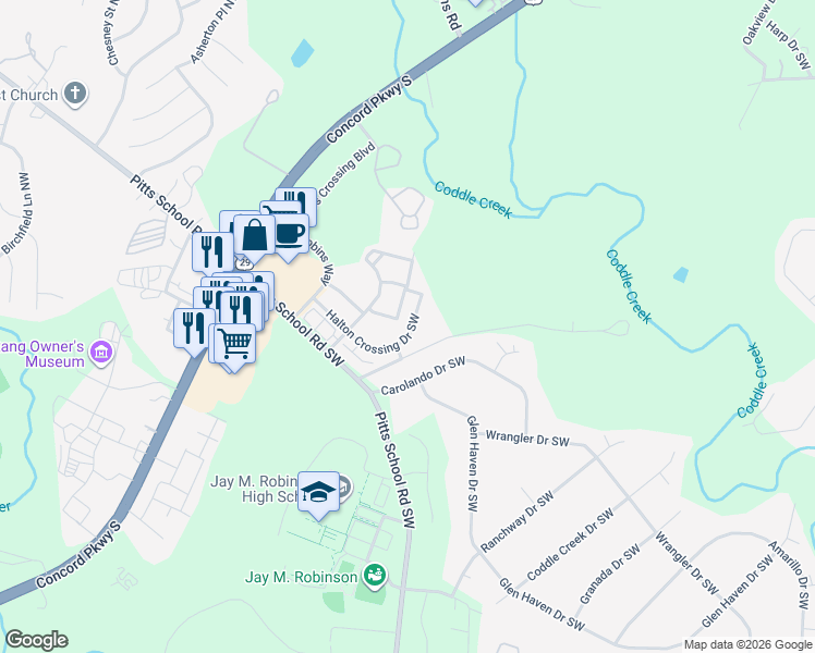 map of restaurants, bars, coffee shops, grocery stores, and more near 333 Halton Crossing Drive Southwest in Concord