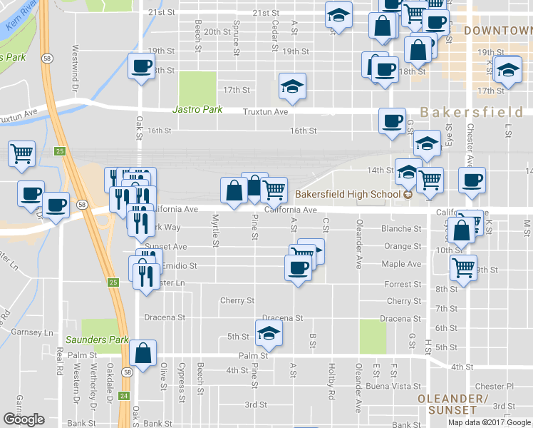 map of restaurants, bars, coffee shops, grocery stores, and more near 2425 California Avenue in Bakersfield