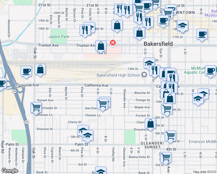 map of restaurants, bars, coffee shops, grocery stores, and more near 2217 California Avenue in Bakersfield