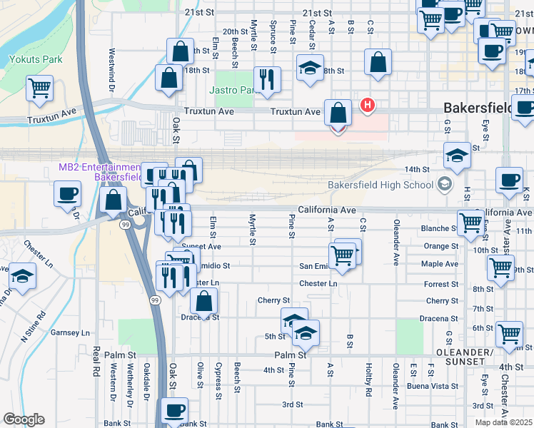 map of restaurants, bars, coffee shops, grocery stores, and more near 2625 California Avenue in Bakersfield