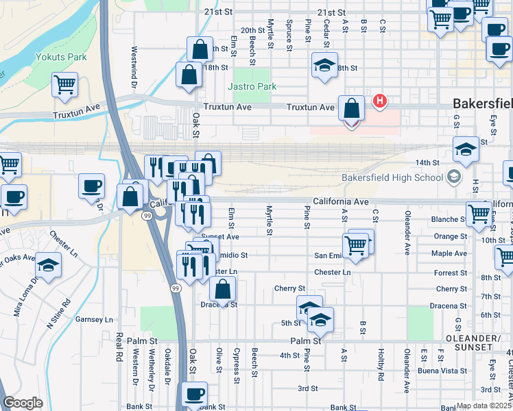 map of restaurants, bars, coffee shops, grocery stores, and more near 2911 California Avenue in Bakersfield