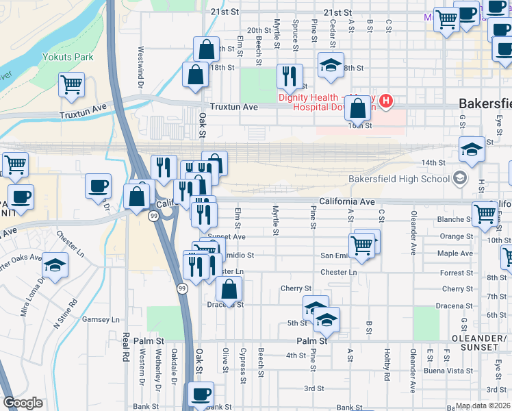 map of restaurants, bars, coffee shops, grocery stores, and more near 2911 California Avenue in Bakersfield
